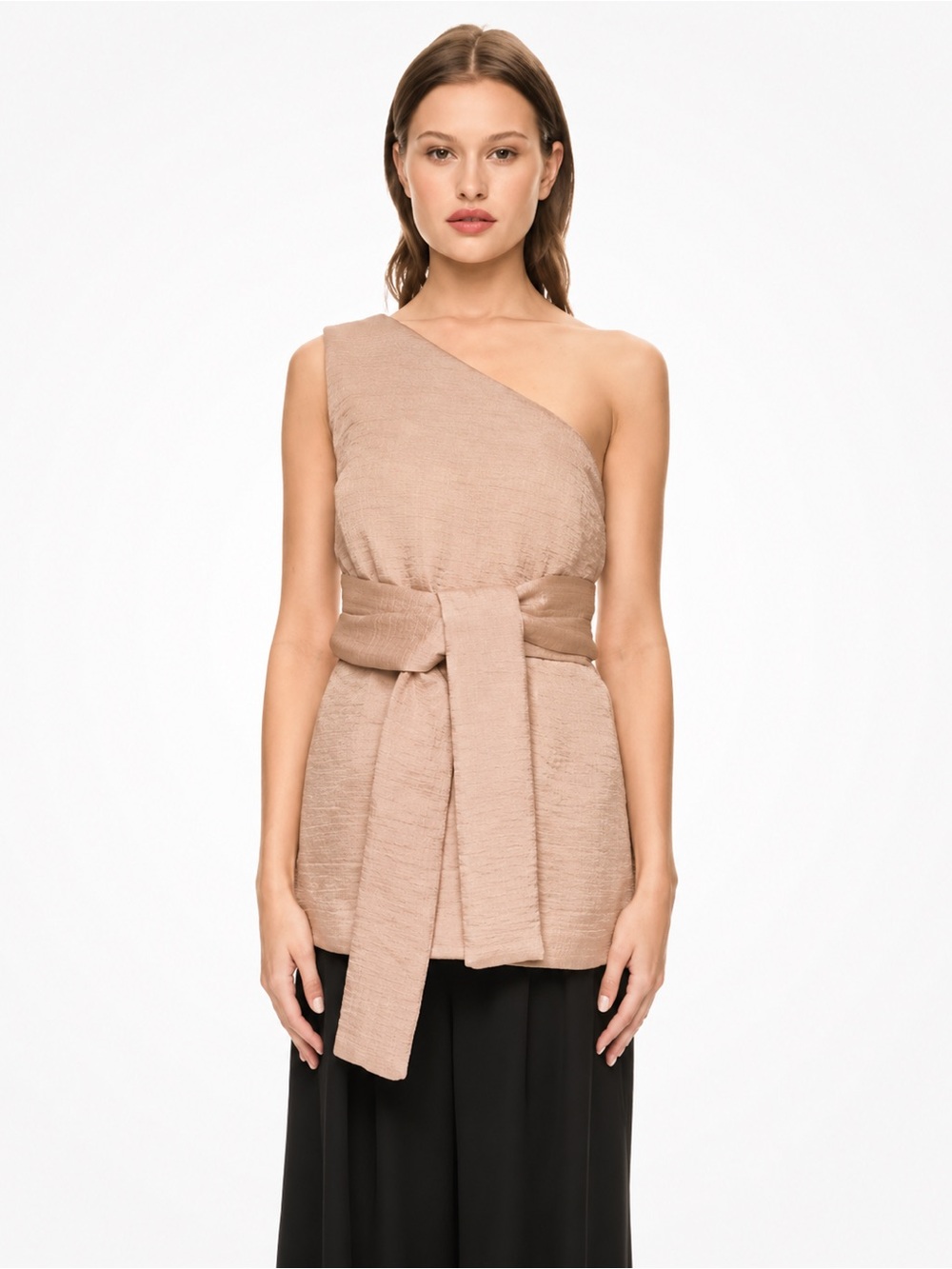 KEEPSAKE the Label Rapture One-Shoulder Textured Top with Waist Tie-Nude Sz S